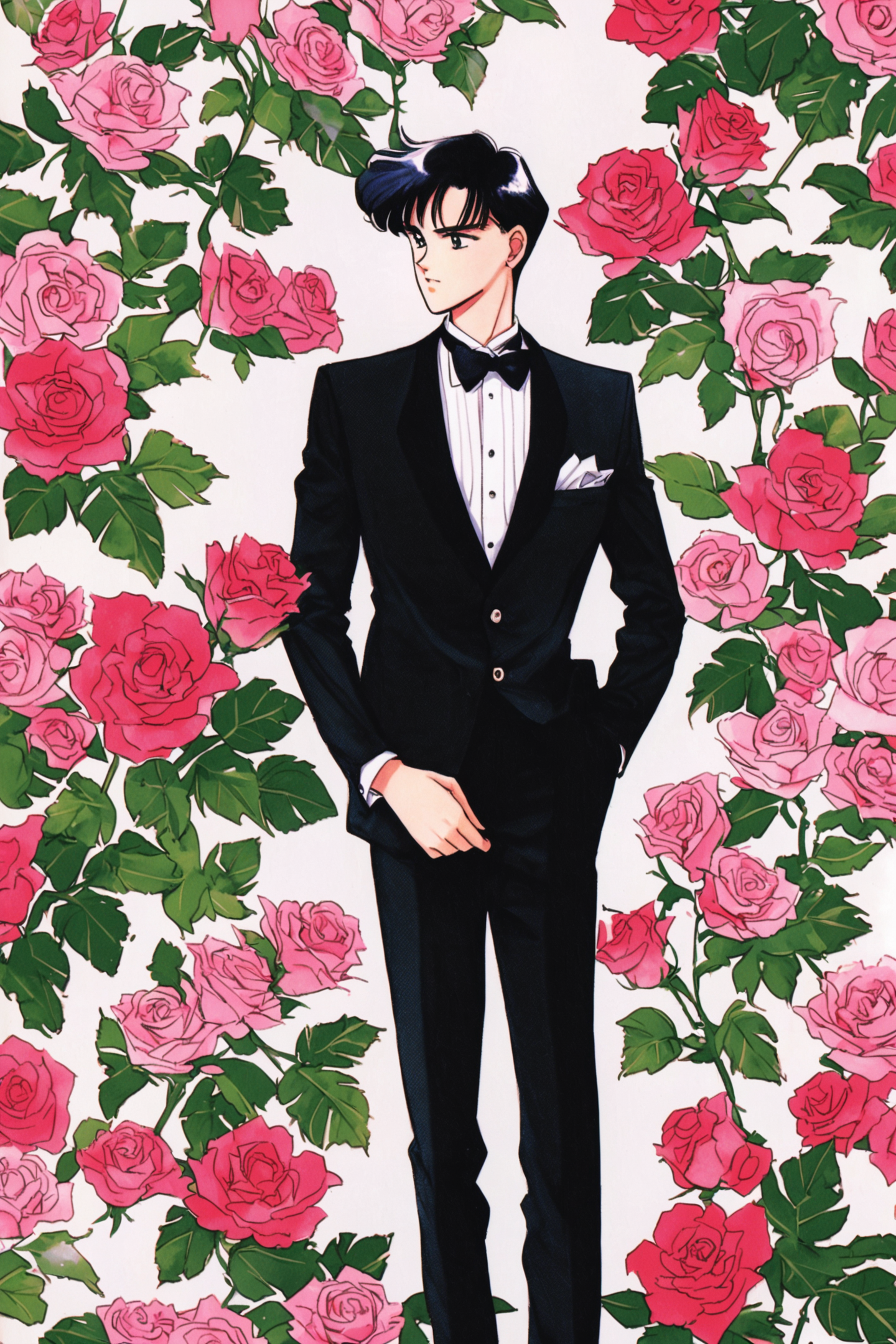 32440-1756310586-1boy,solo,black hair,flower,formal,bowtie,white background,pants,retro artstyle,black suit,standing,1990s (style),rose,short hai.png